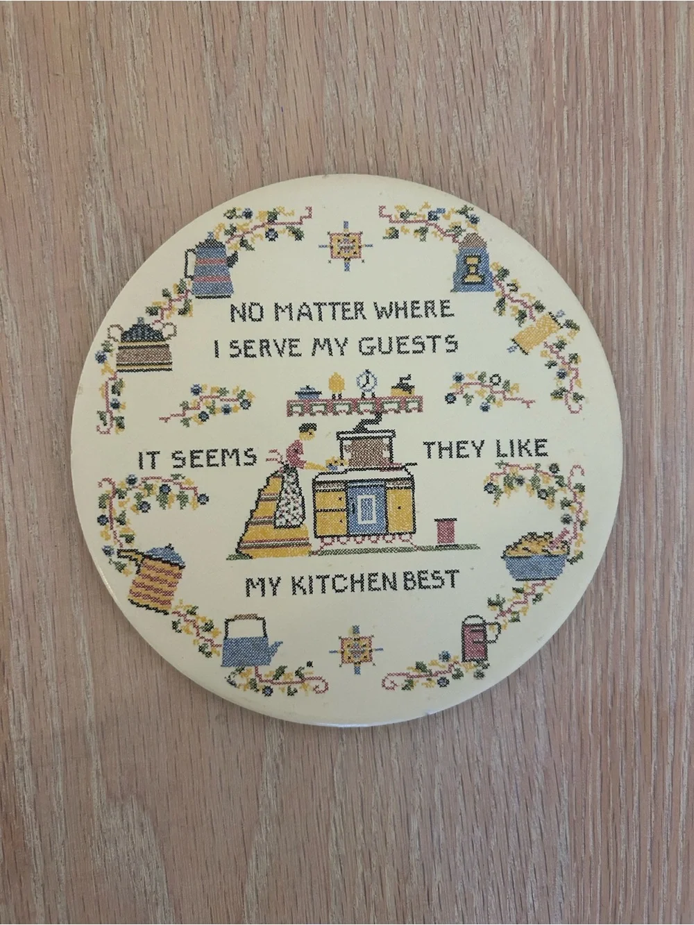 Vintage Cream Kitchen Cross-Stitch Wall Plaque with Multicolor Accents